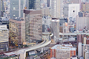 Close up aerial view office building business downtown and highway