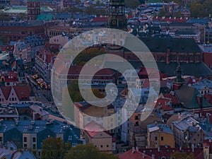 Close up aerial view of the old town of Riga at dusk.