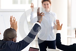 Close up african american businessman raise hand for ask.