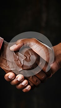 Close-up of African American man and Caucasian shaking hands against dark background, vertical shot