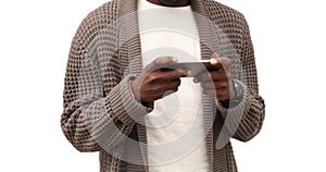 Close up african man with phone isolated on a white background