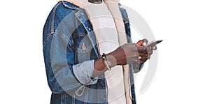 Close up african man with smartphone isolated on a white background