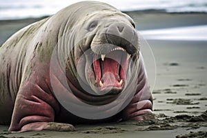 close-up of aggressive elephant seal posturing