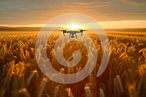 Close-up of agricultural drone flying over vast wheat field. Bright setting sun above the horizon. Using quadcopters for