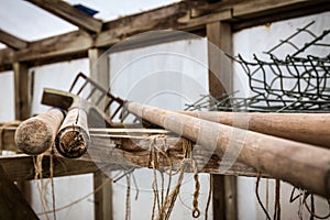 Close up of agriculture tools lying in greenhouse. Agriculture