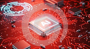 Close Up Ai Microchip on Red Circuit Board With Electronic Components and Neon Light Circles Emitting From Central Processor