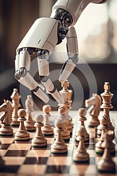 Close up of ai robot s hand in strategic chess gameplay, focusing on intricate moves photo