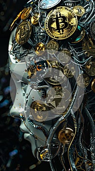 Close up of an AI robot's head showing brain, filled with symbols of various cryptocurrencies. Vertical poster