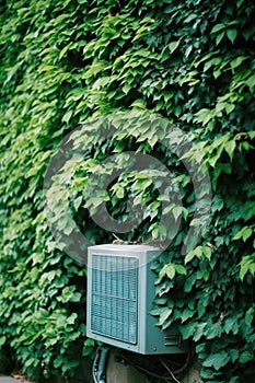 close-up of air conditioner outdoor unit with green leaves