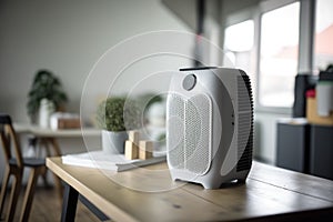 close-up of air purifier in room with messy and cluttered background