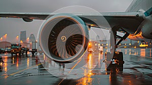 Close up of airplane engine in airport, landing soon. Trip and travel