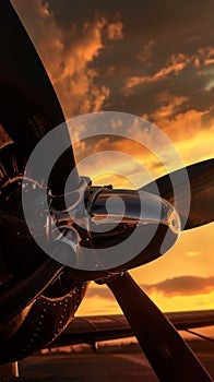 Close-up of an airplane propeller against a sunset sky