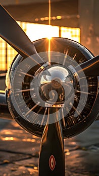 Close-up of an airplane propeller at sunset