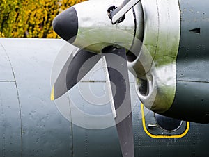 Close up of airplane turboprop engine with propeller