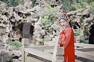 Close-up Aisa Chinese actress Peking Beijing Opera Costumes Pavilion garden China traditional drama play dress perform ancient