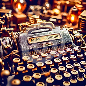 A close-up of Alan TuringÃ¢â¬â¢s iconic Enigma machine, showcasing intricate details and warm lighting photo