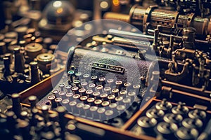A close-up of Alan TuringÃ¢â¬â¢s iconic Enigma machine, showcasing intricate details and warm lighting