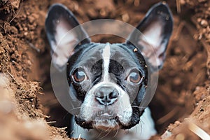 Close up of Alert French Bulldog with Big Ears Peering Out From Hole in the Earth with Curious Look