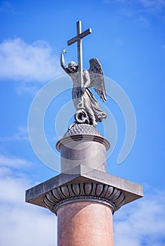 Close up of Alexander column, in St Petersburg, Russia