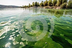 close-up of algae bloom in a lake, the result of agricultural runoff