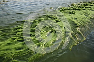 close-up of algae bloom in a lake, the result of agricultural runoff