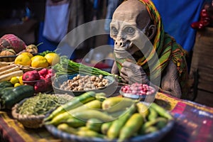 close-up of alien examining tray of fruit and vegetables at market stall