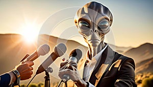 Close-up of an Alien Speaking to Reporters at a Press Conference - Generative Ai