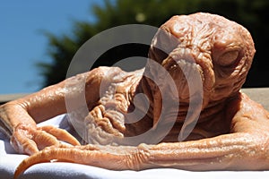 close-up of alien sunbather, with its skin being warmed by the sun photo