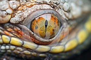 close-up of alligator eye on river side