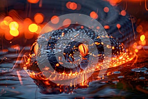 Close up of an Alligator\'s Eyes Glowing in the Dark Night, Fiery Gaze in Swampland with Reflection and Bokeh Lights