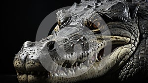 A close up of an alligator's head with its mouth open. Generative AI image.