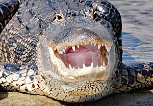 Close up of an alligators mouth and teeth photo