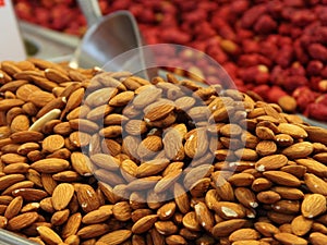 Close-up of almonds on a white background