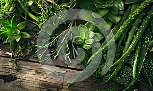 Close-up of aloe vera leaves and fresh herbs arranged on a wooden table