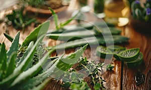 Close-up of aloe vera leaves and fresh herbs arranged on a wooden table