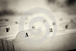 Close up of alphabetical index cards in box