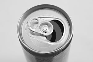 Close up of aluminum can on a top view, soda can white and black. Open can