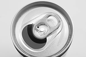 Close up of aluminum can on a top view, soda can white and black. Open can