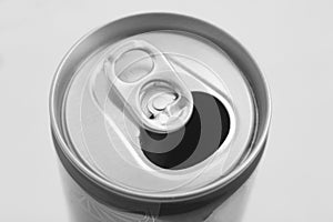 Close up of aluminum can on a top view, soda can white and black. Open can