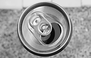 Close up of aluminum can on a top view, soda can white and black. Open can