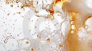 Close-Up of Amber Beer Bubbles Rising on White Background, Refreshing Carbonated Beverage
