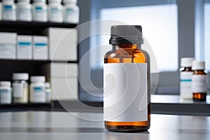 A close-up of an amber glass bottle with a blank label, medication on the pharmacy counter