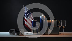 Close-up with the American flag, candles in lit colors and crystal glasses