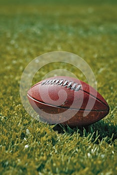 close-up of an american football on a grass field