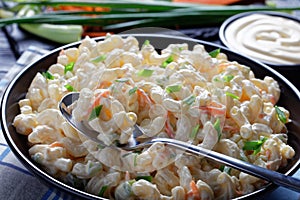 Close-up of american macaroni salad, top view