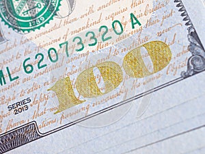 Close up, American one hundred dollar banknote.