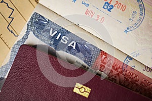 Close up of American Visa on passport, official document mandatory for tourists on USA