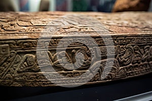 close-up of ancient artifact, with intricate carvings and markings