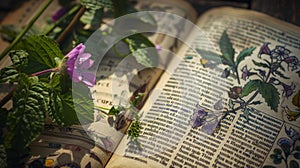 A close-up of an ancient botanical book's pages, illuminated by sunlight, with blooming flowers suggesting a