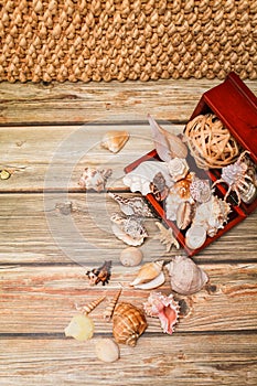 Close up Ancient casket for jewelry with collection of different seashells on wooden table